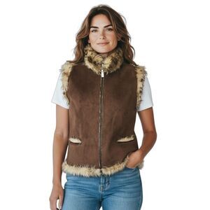 Sport Haley Faux Suede Leopard Print Vest Medium – Faux Fur Lined, Front Pockets
